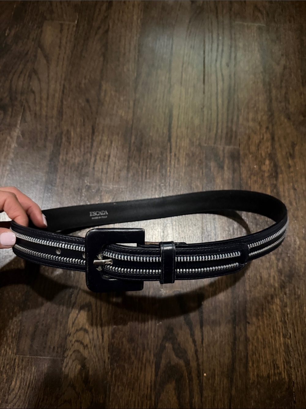 Escada vintage Black Leather Belt with Silver Zip Detail